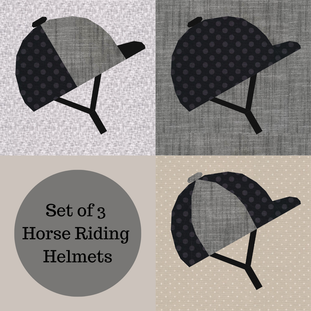 Horse Riding Helmets, Foundation Paper Piecing Pattern (FPP Pattern), Quilt Block, 3 patterns, 4 sizes each