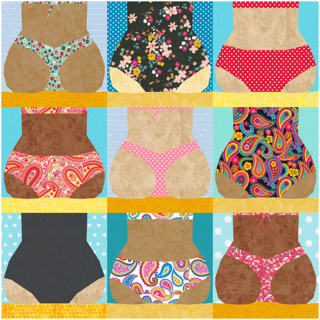 Beach Bums! Foundation Paper Piecing Pattern (FPP Pattern), Quilt Block, 3 Designs, each in 4 Sizes