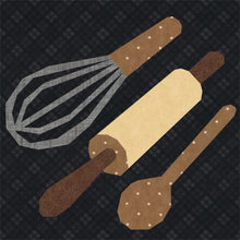 Load image into Gallery viewer, Live, Love, Bake, Baking Utensils, (Whisk, Rolling Pin and Wooden Spoon), Foundation Paper Piecing Pattern (FPP Pattern), Quilt Block, 4 sizes
