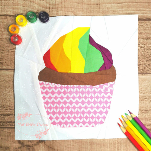 Rainbow Swirl Cupcake Foundation Paper Piecing Pattern (FPP), Quilt Block, 3 sizes FPP Patterns- Full Bobbin Designs foundation paper piecing patterns quilt block patterns sewing patterns